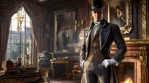 Opulent Victorian Interior with Suit-Clad Man