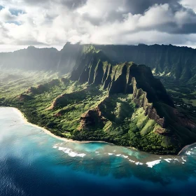 Tropical Island Aerial View with Mountains and Ocean