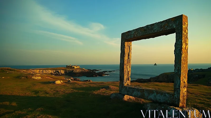 Historic Coastal View Framed by Stone at Sunset