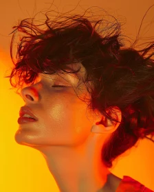 Profile of Woman with Shimmering Skin in Orange Hue