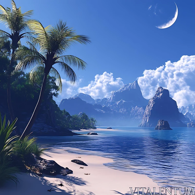 Tropical Island Landscape under Crescent Moon