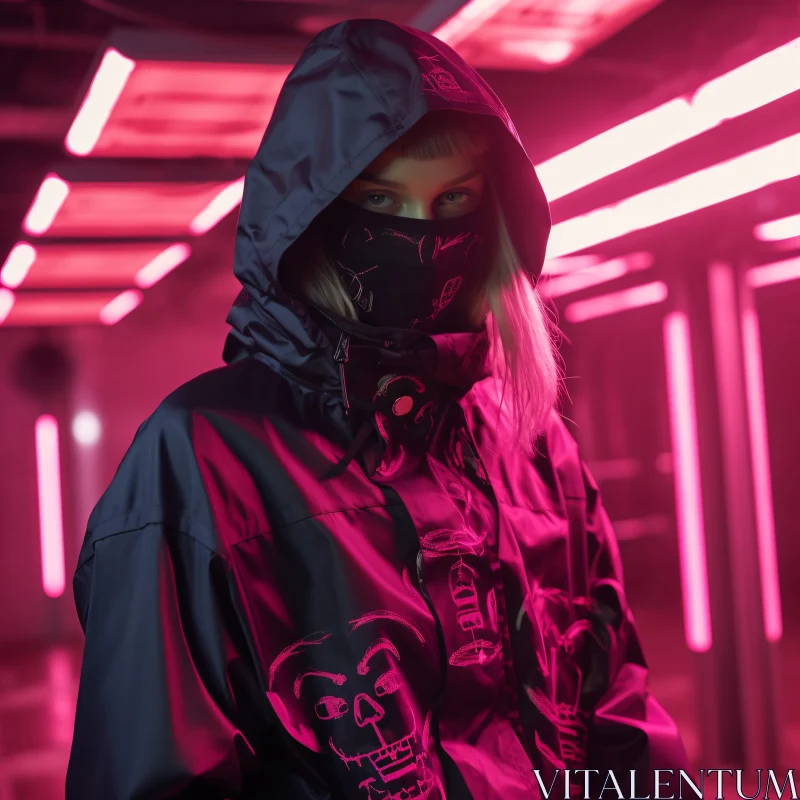 Masked Figure in Pink Neon Light