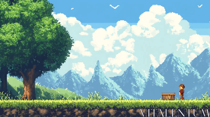 Pixel Art Nature Scene with Mountains and Character