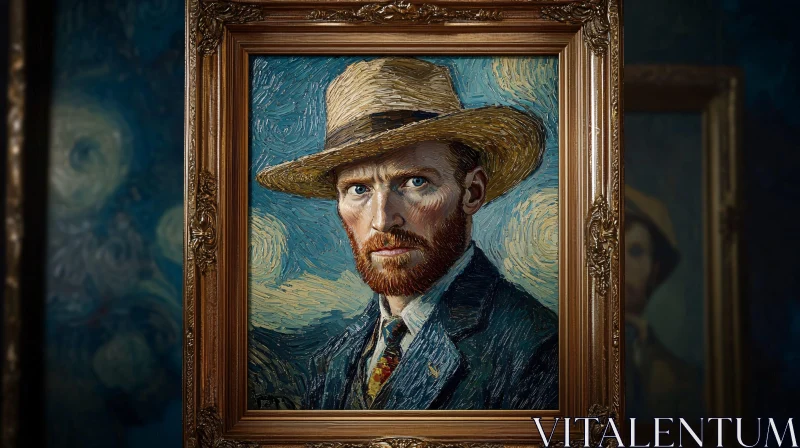 Intricate Man Portrait with Straw Hat in Detailed Frame AI Image