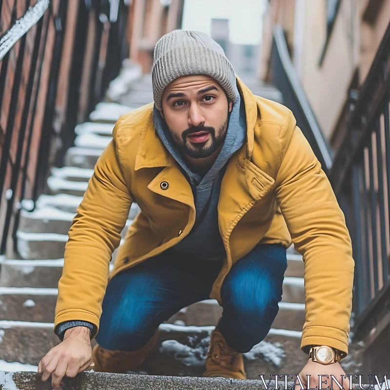 Man Crouching on Snow-Covered Stairs in the City AI Image