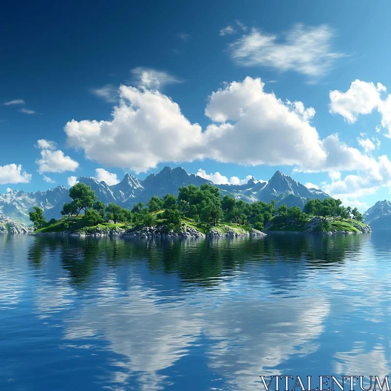 Tranquil Island in Pristine Lake with Mountainous Backdrop AI Image