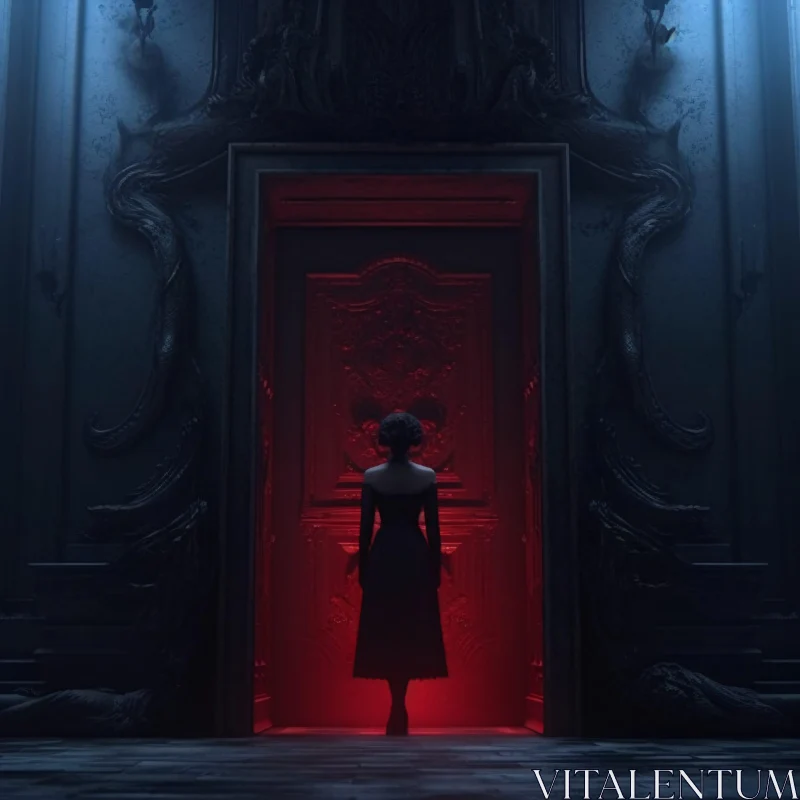 AI ART Silhouette at the Gothic Red Doorway