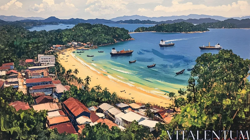 Charming Beachfront Town with Ships and Boats AI Image