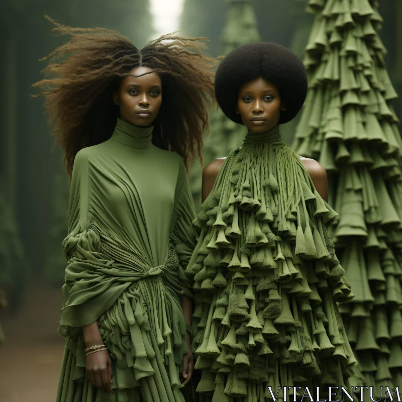 Fashion in Nature: Green Dresses and Afro Hairstyles AI Image