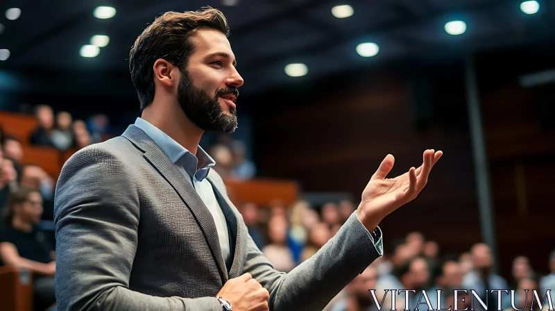 Modern Lecture Hall Speaker Engaging with Audience AI Image