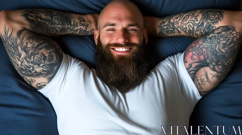 Happy Tattooed Man Lying on Dark Blue Pillow AI Image