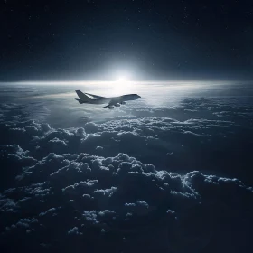 Airplane Gliding in Moonlit Clouds