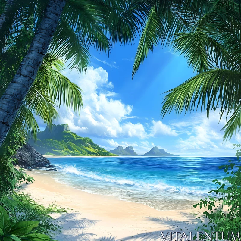 Tropical Paradise Beach with Blue Ocean and Palm Trees AI Image