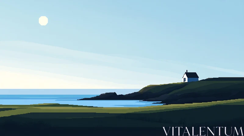 Peaceful Coastal Scene with House AI Image