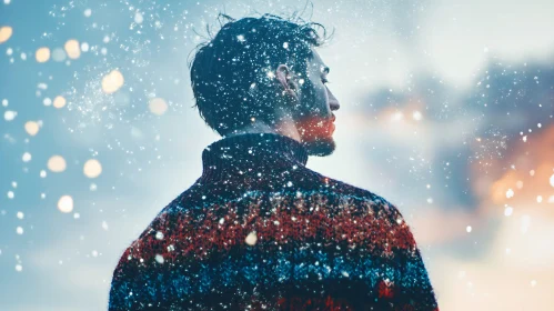 Dreamy Winter Scene with Man in Sweater