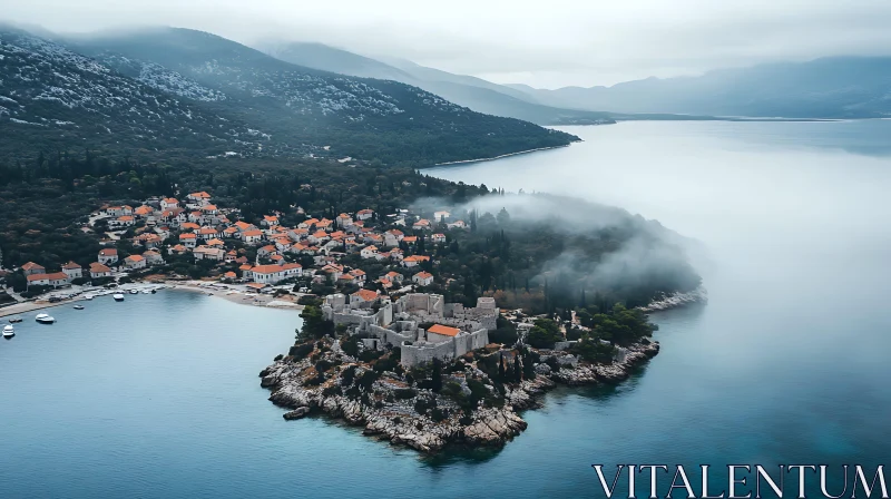 Tranquil Coastal Village with Historic Fortress AI Image