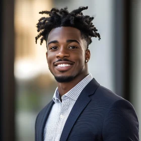 Smiling Young Professional in Navy Suit