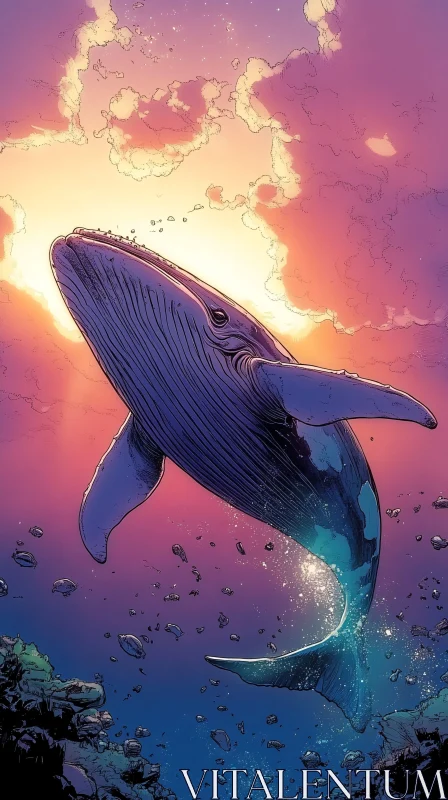 Whale in Sunset Ocean Scene AI Image