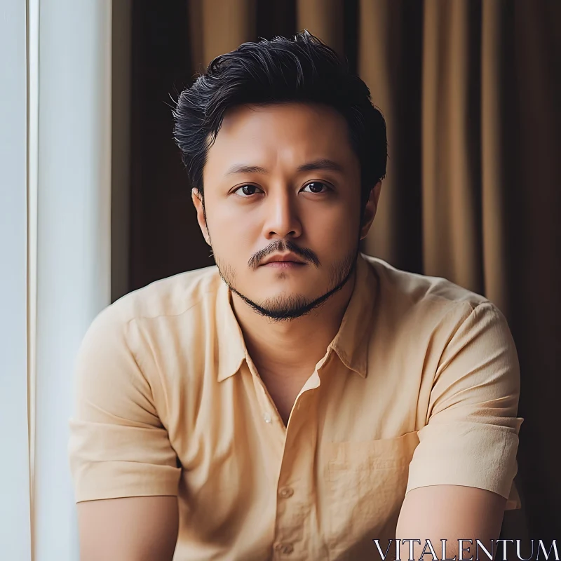 Pensive Man in Beige Shirt with a Window Light AI Image