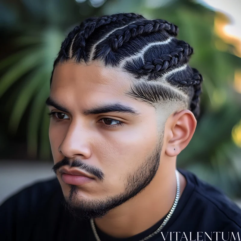 Man with Braided Cornrows and Groomed Beard AI Image