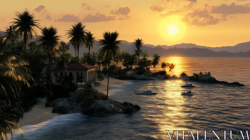 AI ART Golden Sunset Over Tropical Island