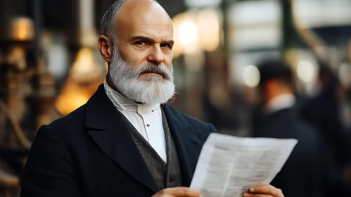 Regal Bearded Man Reading in Industrial Setting