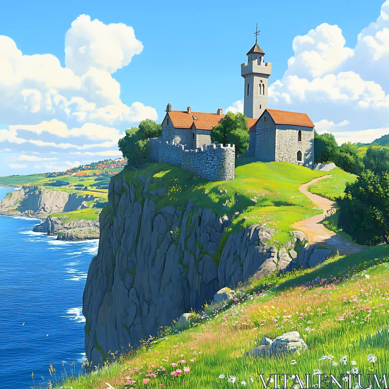 Cliffside Castle with Tower and Wildflowers AI Image