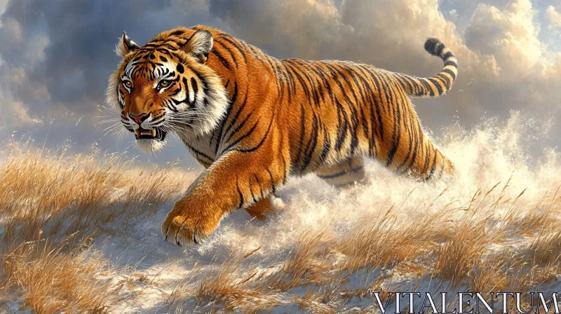 Tiger Among Snow and Grass AI Image