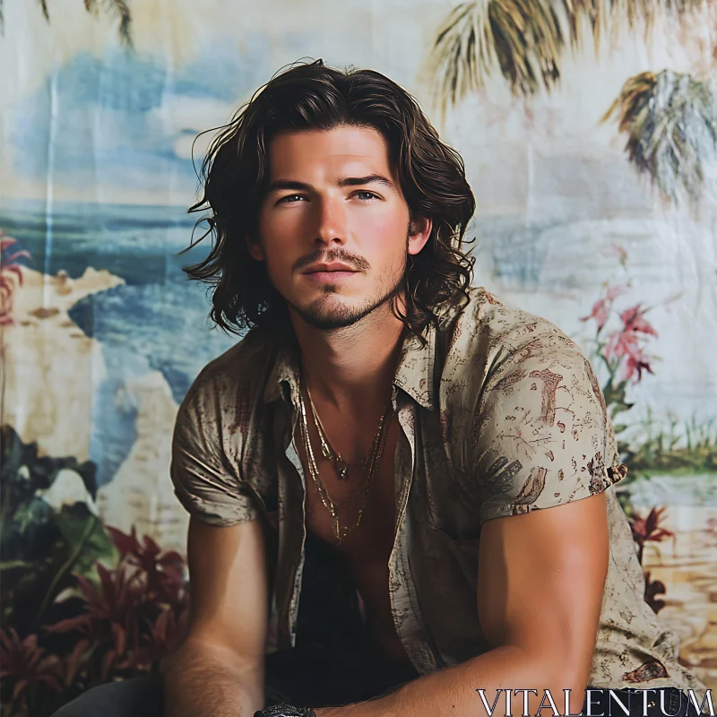 Portrait of a Man with Wavy Hair in a Tropical Setting AI Image