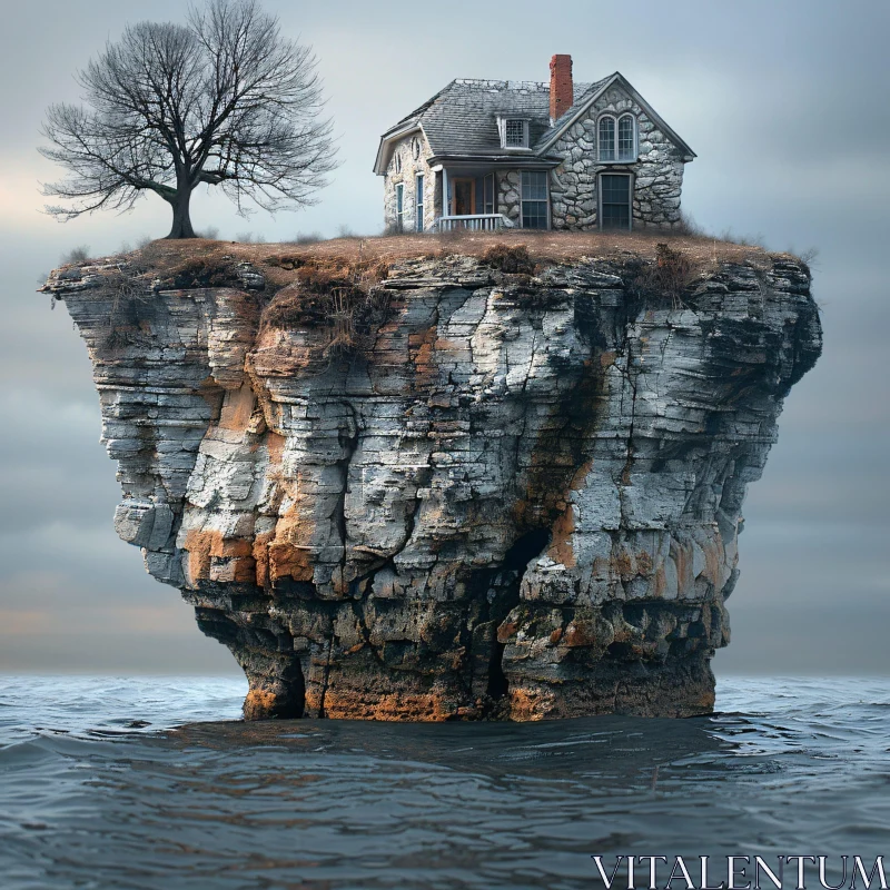 AI ART Solitary House on a Cliff Island