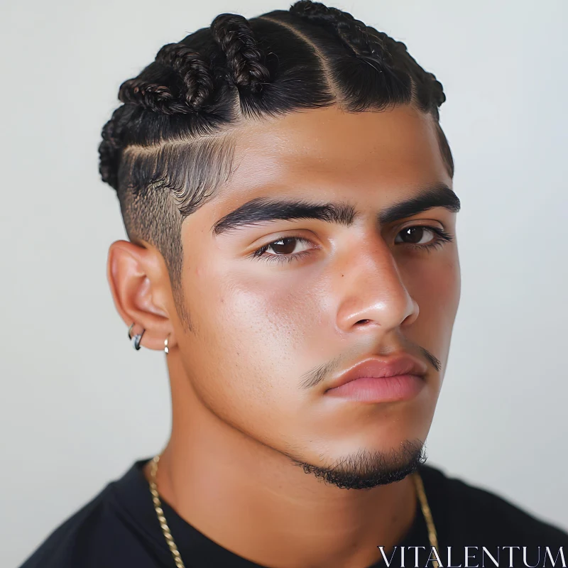 Young Man with Braided Hairstyle and Earrings AI Image