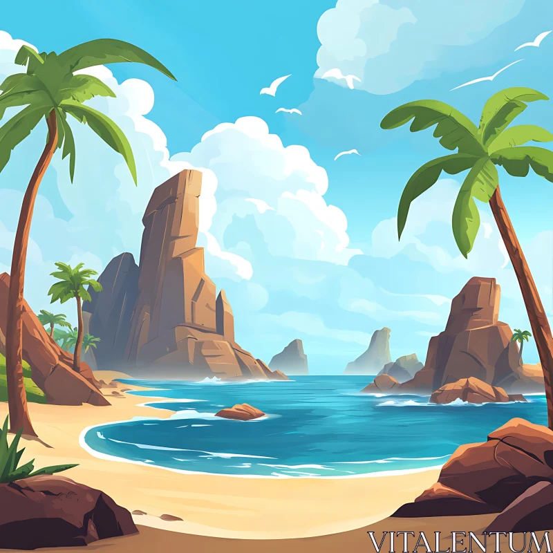 Beautiful Coastline with Cliffs and Palm Trees AI Image