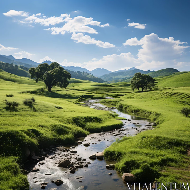 AI ART Tranquil Valley Scene with Stream and Hills