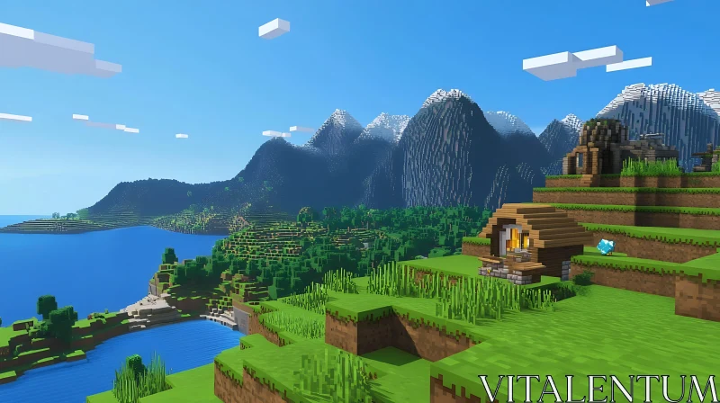 Tranquil Minecraft Scene with Hills and Wooden Cabin AI Image