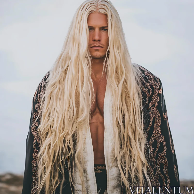 Man with Long Blonde Hair in Detailed Robe AI Image