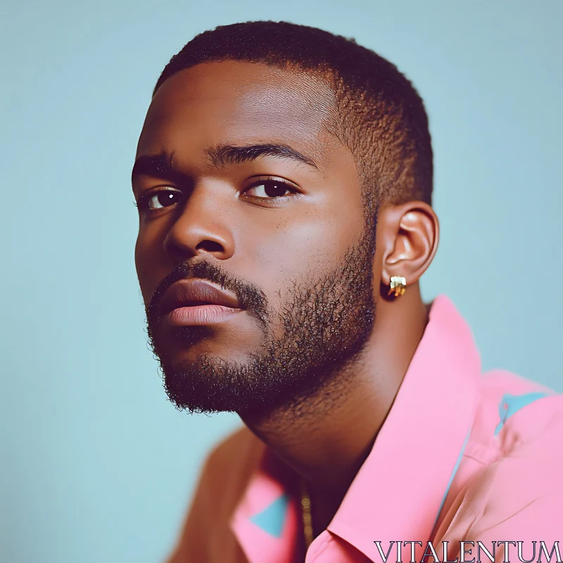 Pensive Man Wearing Earring and Pink Shirt AI Image