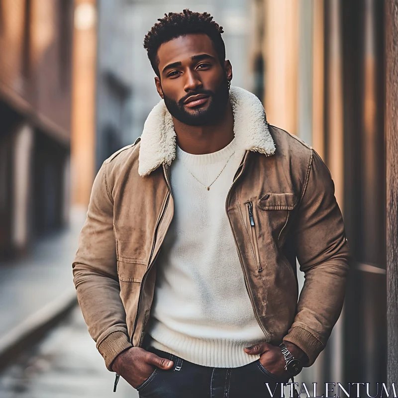 Urban Fashion Portrait of Man in Suede Jacket AI Image