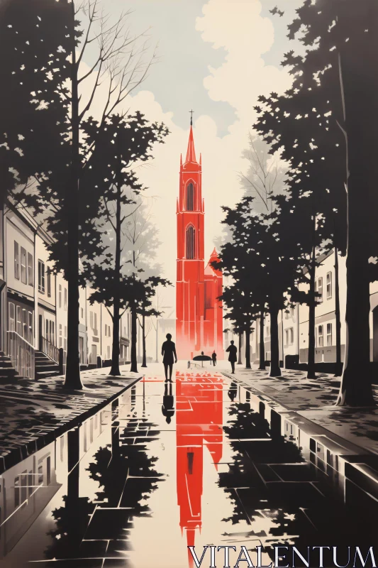 AI ART Red Cathedral Street Reflection