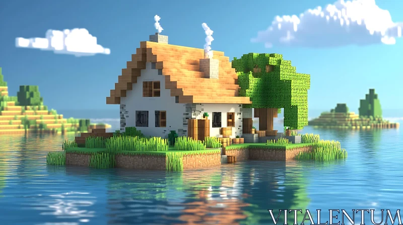 Serene Island House in Pixel Art Style AI Image