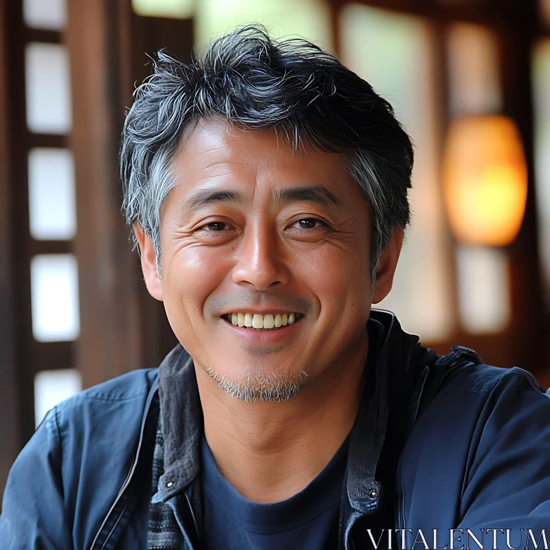 Indoor Portrait of a Smiling Man with Gray Hair AI Image