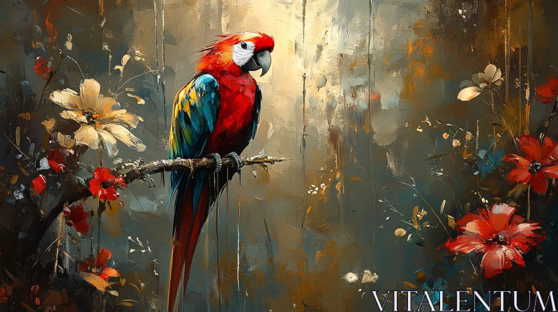 AI ART Colorful Parrot with Flowers