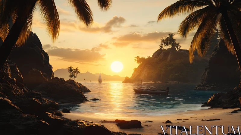 Warm Beach Sunset with Palm Trees and Sailboat AI Image