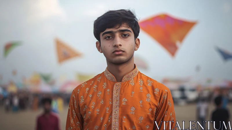 Youth in Orange Garb with Kites in Background AI Image