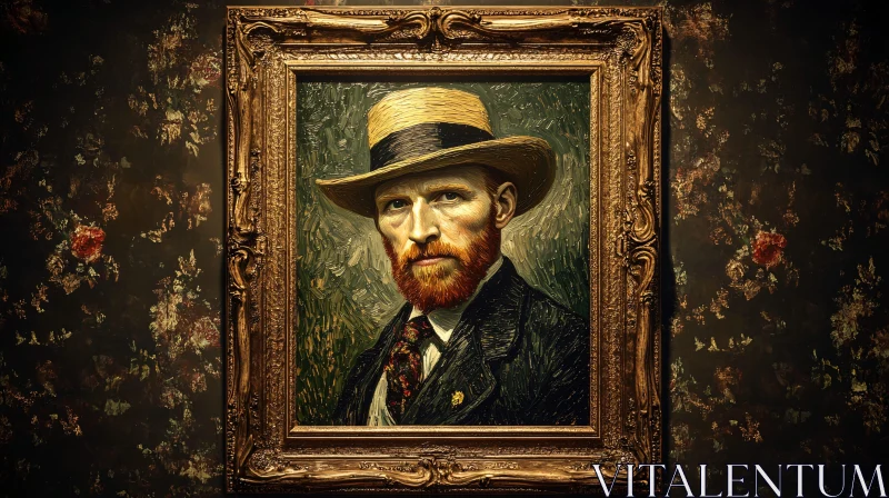 AI ART Bearded Man Wearing a Straw Hat in Ornate Frame