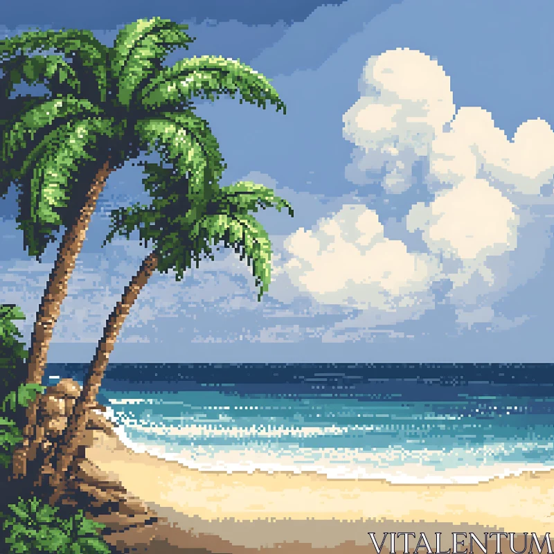 Pixel Art of Tropical Beach with Palm Trees AI Image