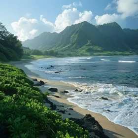 Tropical Beach with Green Mountains and Ocean Waves