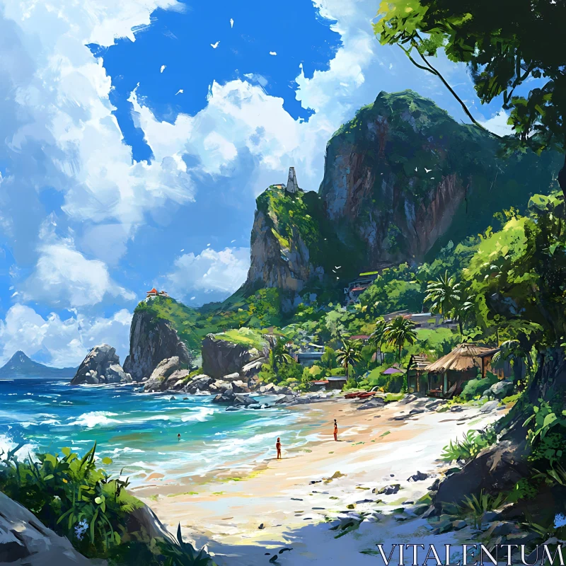 Exotic Island Paradise with Scenic Beachfront and Majestic Cliffs AI Image