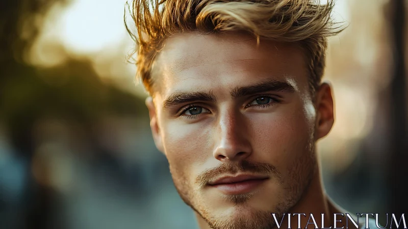 Close-Up of a Handsome Blond Man Outdoors AI Image