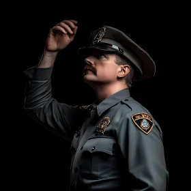 Solemn Policeman Adjusting Hat in Uniform Portrait