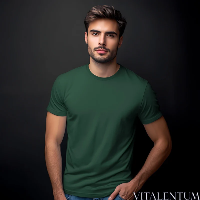 Confident Man in Casual Green Shirt Portrait AI Image